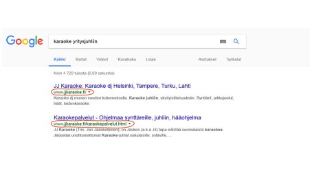 JJ Karaoken hakukoneoptimoidun internetsivujen hakutulokset